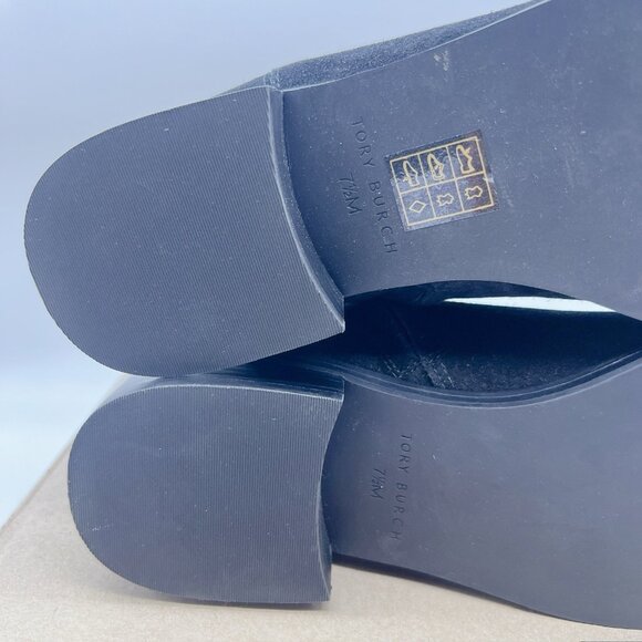 TORY BURCH Everly Ankle Boots Gold Logo Black Suede Side Zip US 7.5 $438 - Picture 10 of 11